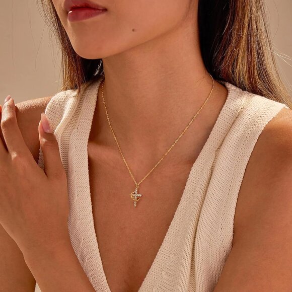 Faith Crown Cross Necklace for Women 14K Gold Silver Plated Birthstone Gift - Picture 2 of 8